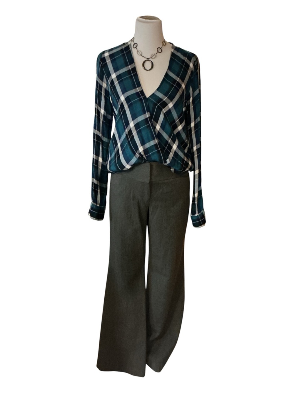 Plaid Wrap Blouse and Wide-Leg Pants Set - Teal Plaid